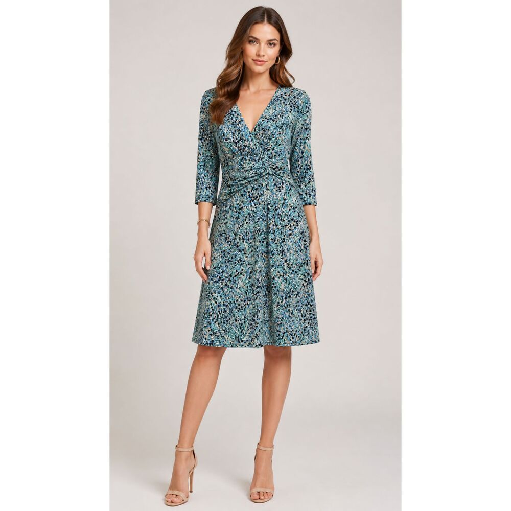 Jones New York Blue Green Abstract Print Faux Wrap Dress Size 6 Stretch